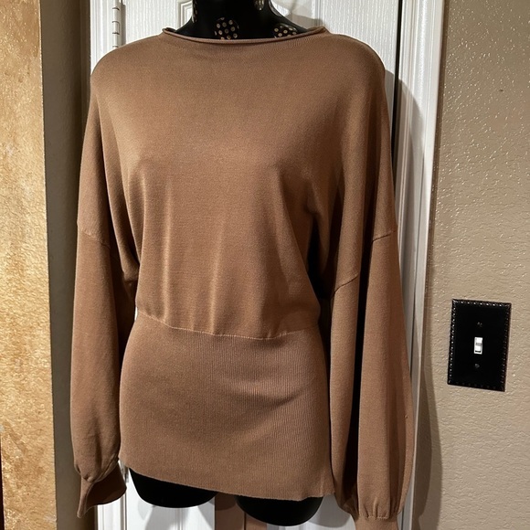 Tie Back Belt Ribbed Mocha Mousse Sweater Mock Neck Billow Sleeve Size L NWT - Picture 14 of 16